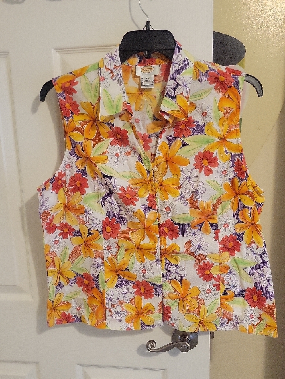Talbots SzXL cotton sleeveless Yellow Orange Floral Button-Front collared top